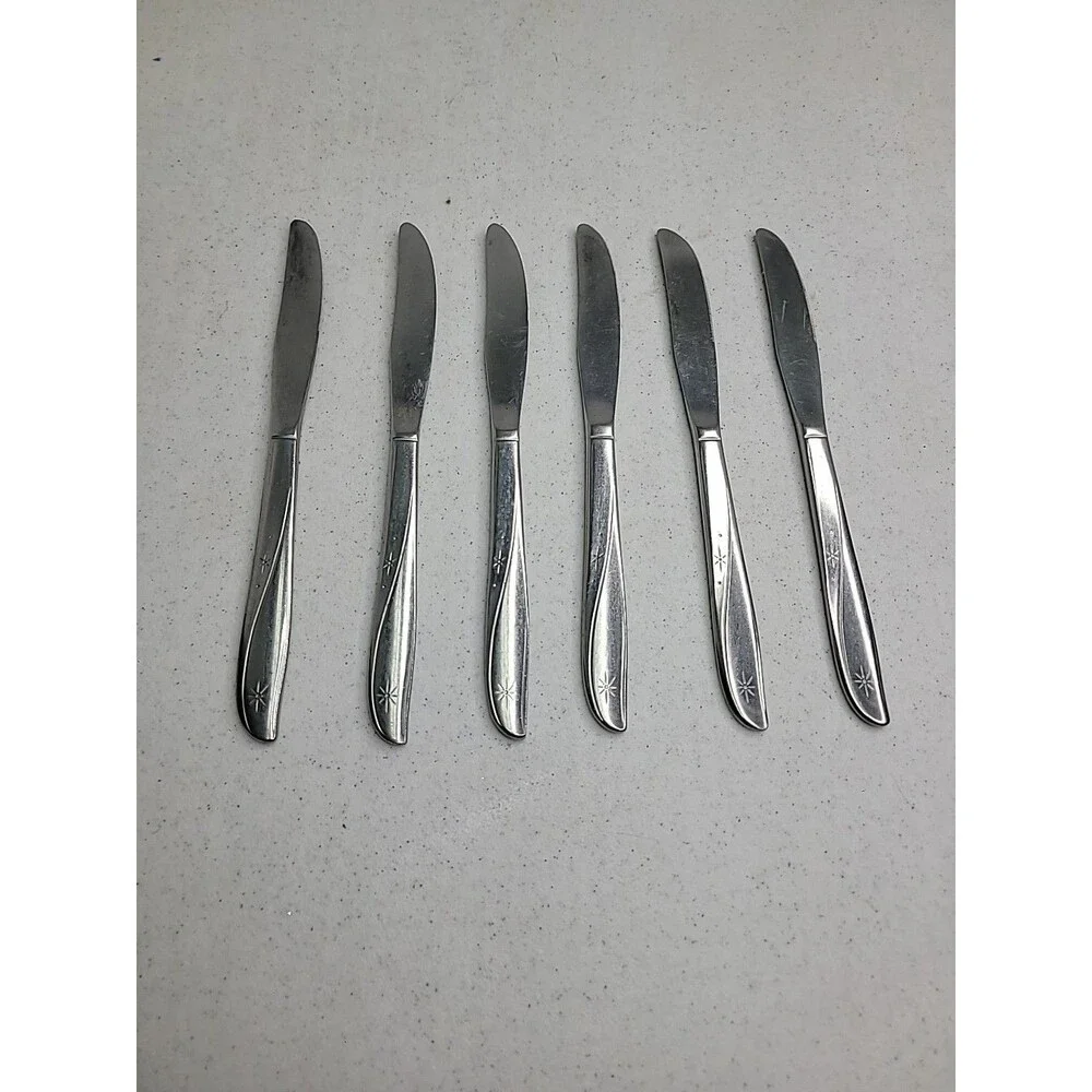 Oneida Community Twin Star Stainless Steak Knives 6 Atomic Starburst